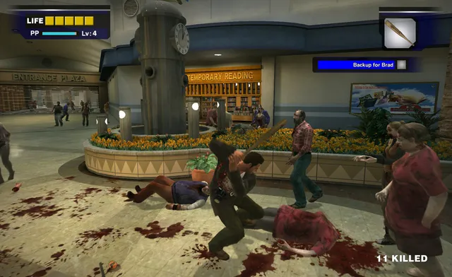 Dead Rising screenshot: Frank swings a baseball bat among zombies by a clock tower in the Entrance Plaza, blood on the floor