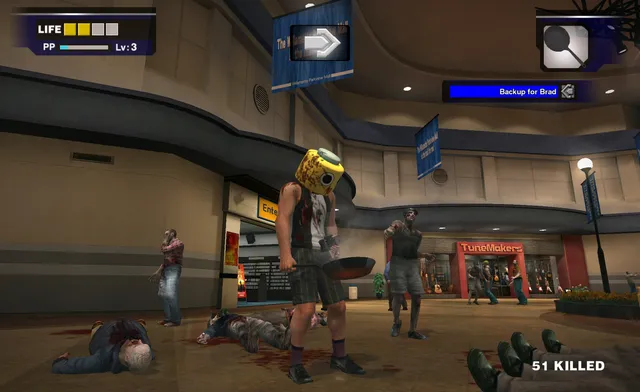 Dead Rising screenshot: a zombie with a yellow mask on its head walks among bodies in front of a music shop