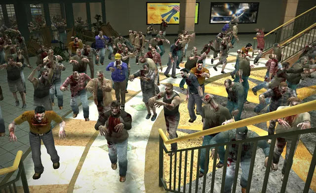 Dead Rising screenshot: a mall atrium packed with hundreds of zombies walking toward the stairs