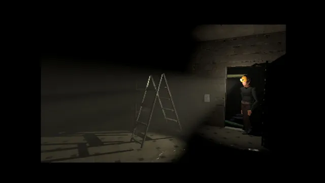 Dead Seater: Jesse at a doorway in a dark room with a stepladder, lit by a flashlight beam