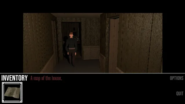 Dead Seater: a man walks down a narrow wallpapered hallway, with the inventory showing a map of the house