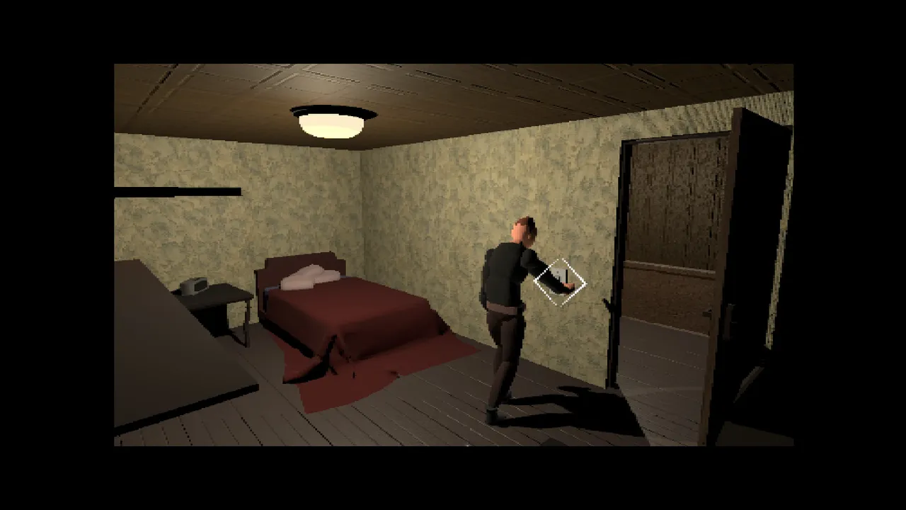 Dead Seater: Jesse opens a door in a bedroom with a red bed and a ceiling lamp, in low-poly 3D