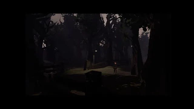Dead Seater: a small figure in a dark forest clearing with a lamp post