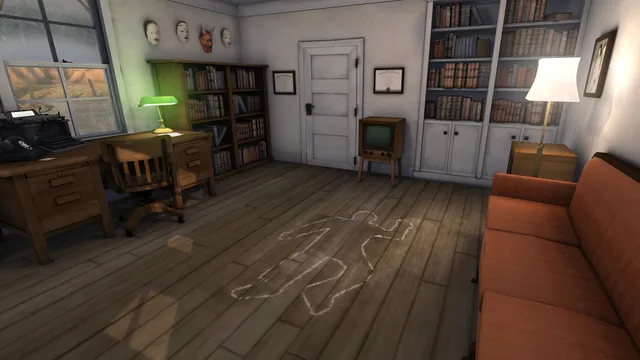 A professor's study with masks on the wall, bookshelves and a chalk body outline on the floor