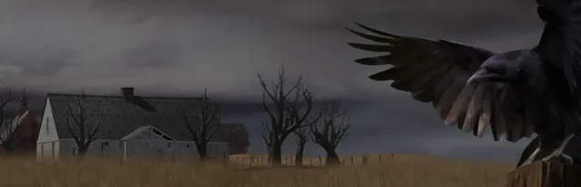 Dead Secret key art: a white farmhouse among bare trees on the Kansas plain, with a crow spreading its wings