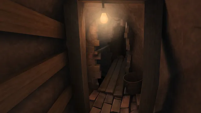 A narrow passage behind a broken brick wall lit by a hanging bulb