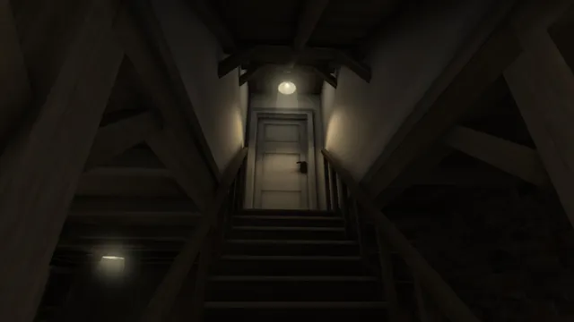 A dim wooden staircase leading up to a closed door under a single bulb