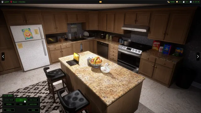 Dead Signal screenshot: a hidden camera looking into a family kitchen, with the report menu open in the corner