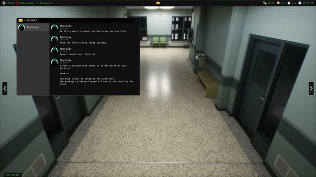 Dead Signal screenshot: a camera view of an apartment hallway with a message window from The Shade about a package to deliver