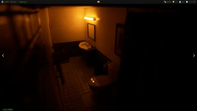 Dead Signal screenshot: a dark bathroom lit by one small wall lamp, seen through a hacked camera