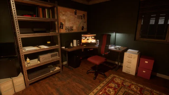Dead Signal screenshot: the player's apartment office at night, a desk with a lit monitor, shelves and filing cabinets