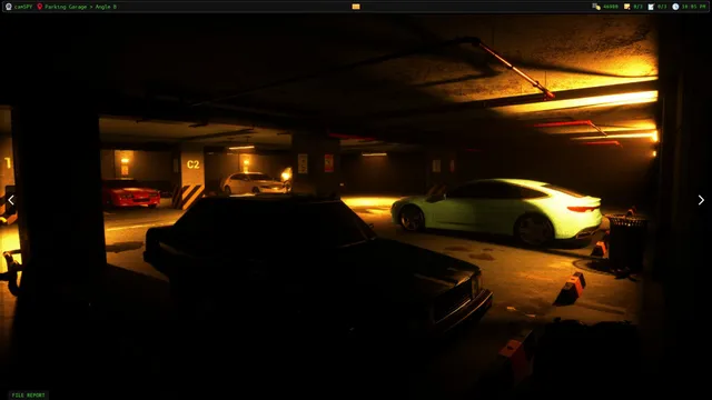 Dead Signal screenshot: a hacked camera feed of a dim underground parking garage with parked cars under orange lights