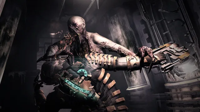 Dead Space 2 screenshot: a pale, gaunt Necromorph lunges over Isaac's raised weapon