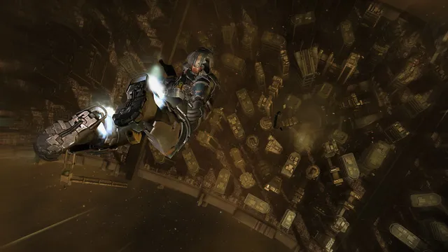 Dead Space 2 screenshot: Isaac flies through zero gravity above the lights of the station city