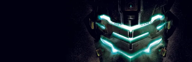 Dead Space 2 key art: Isaac Clarke's helmet with its glowing green visor lines in darkness