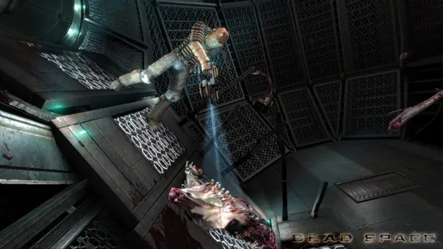 Isaac floats in a zero-gravity chamber, aiming down at a torn body on the wall