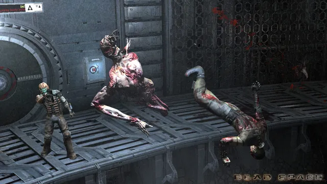 Isaac faces two thin, long-armed Necromorphs on a metal walkway beside a large vault door