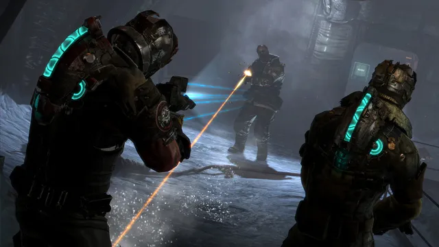 Dead Space 3 screenshot: Isaac and Carver fire at an armed soldier in a frozen base