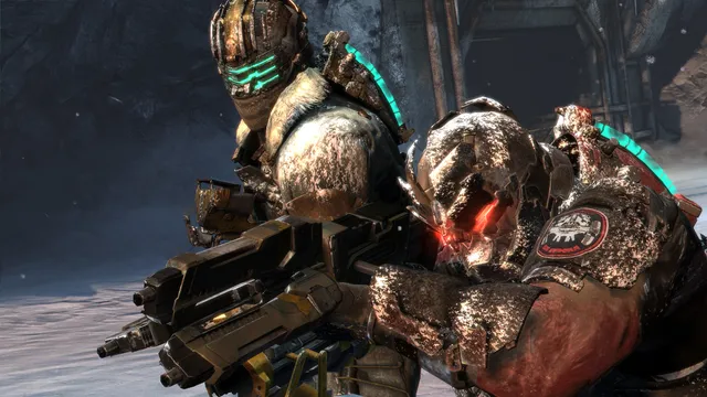 Dead Space 3 screenshot: Isaac and Carver back to back in the snow with their weapons raised