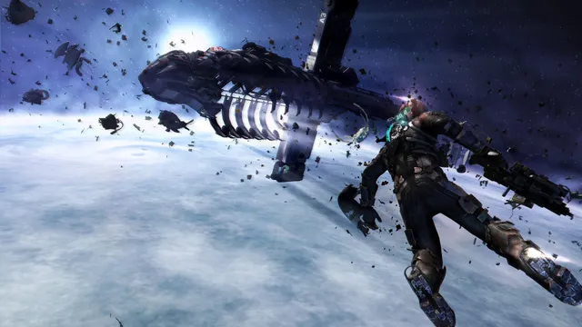 Dead Space 3 screenshot: Isaac floats in space among debris beside a wrecked ship above a white planet