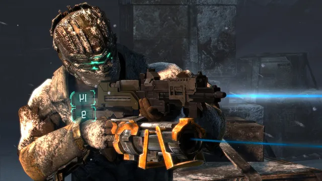 Dead Space 3 screenshot: Isaac in a frost-covered suit aims a custom-built weapon
