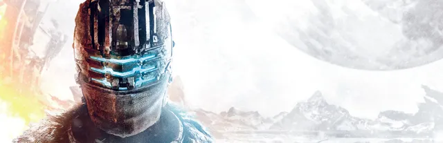 Dead Space 3 key art: Isaac Clarke's battered helmet, its visor glowing blue, against a snowy planet