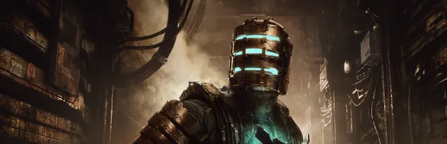 Dead Space key art: Isaac Clarke in his engineering suit, the helmet's slits glowing blue, in a gloomy ship corridor