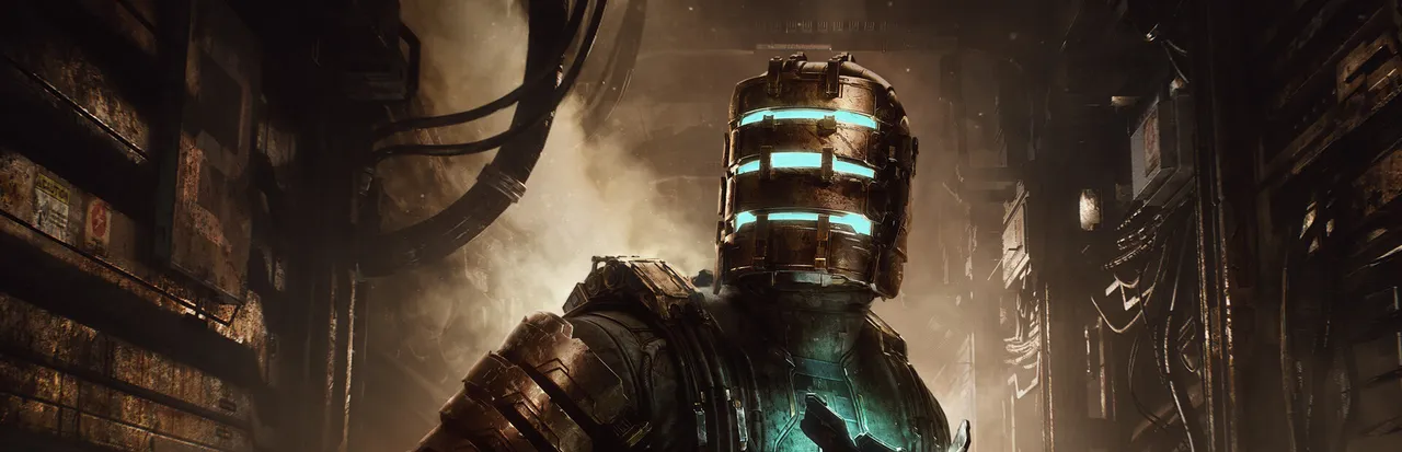Dead Space key art: Isaac Clarke in his engineering suit, the helmet's slits glowing blue, in a gloomy ship corridor
