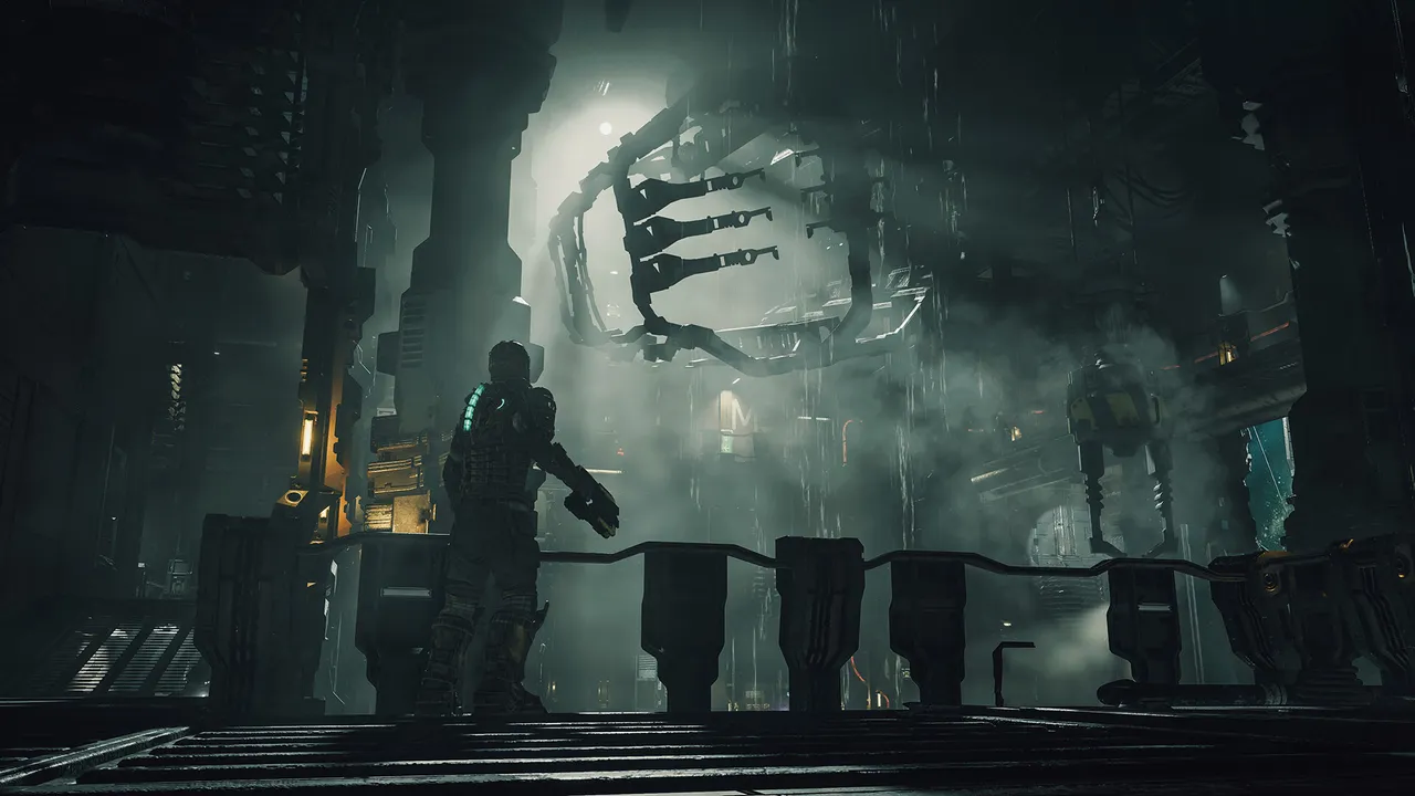 Dead Space screenshot: Isaac stands on a walkway in a misty hangar beneath a huge mechanical claw