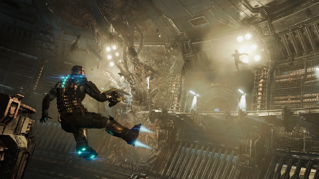 Dead Space screenshot: Isaac floats in zero gravity with thrusters firing in a vast chamber overgrown with flesh