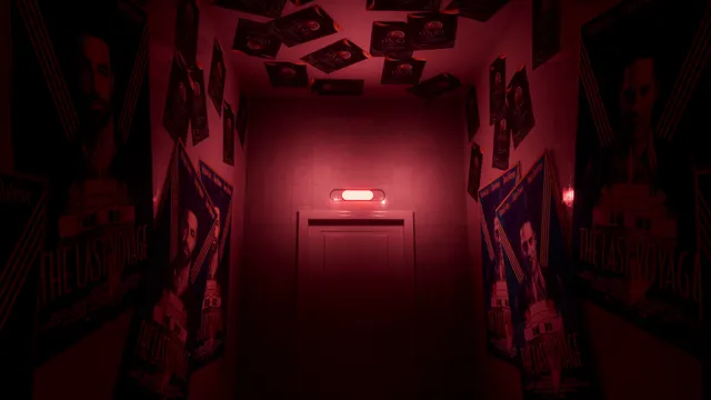 A narrow red-lit corridor papered with posters for a film called The Last Voyage, leading to a closed door
