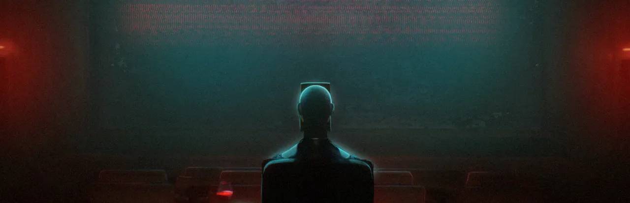 Dead Take key art: a bald man seen from behind, sitting alone in a dark cinema before a glowing screen