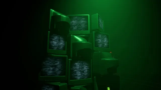 A pile of old CRT monitors showing static in green light