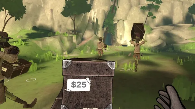 Deadly Delivery screenshot: goblin couriers carry boxes along a sunny trail, a parcel marked $25 in the player's hands
