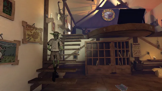 Deadly Delivery screenshot: the goblins' cabin breakroom with a staircase, pigeonholes and posters