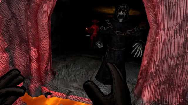 Deadly Delivery screenshot: a hooded, chained ghoul with bared teeth looms through red curtains as the player raises a hand