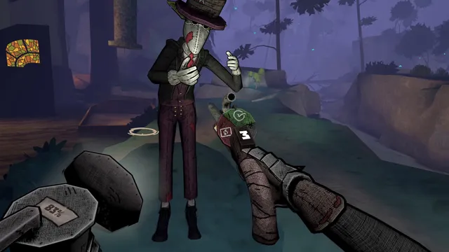 Deadly Delivery screenshot: a stitched figure in a top hat gives a thumbs up as the player holds a gadget in a dusky forest