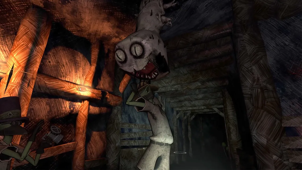 Deadly Delivery screenshot: a pale, wide-eyed creature with a gaping toothy mouth lunges at a goblin in a lantern-lit mine tunnel