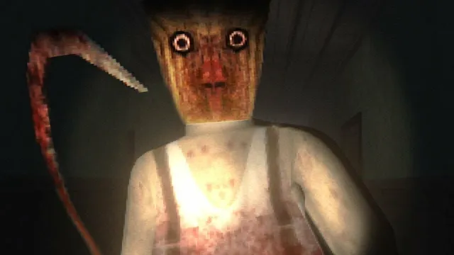 Deadly Night screenshot: the killer in a bloodied vest and crude mask with ringed eyes raises a sickle close to the camera