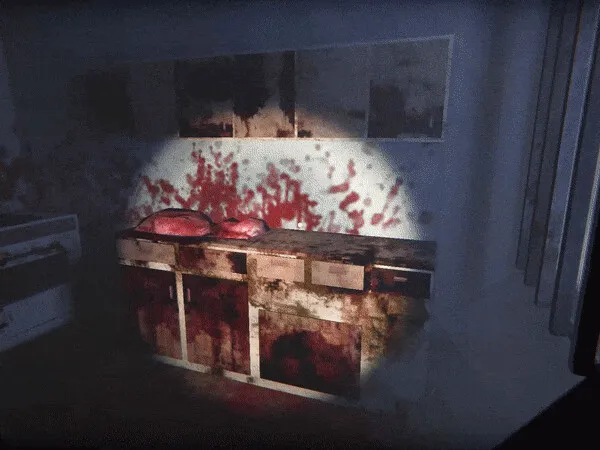 Deadly Night screenshot: a blood-soaked kitchen counter and cupboards lit by a flashlight
