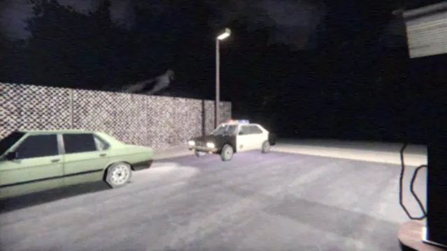 Deadly Night screenshot: a low-poly motel parking lot at night with an old sedan and a police car under a street lamp
