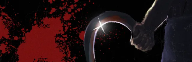 Deadly Night key art: a hand gripping a gleaming sickle against a black background splattered with red blood
