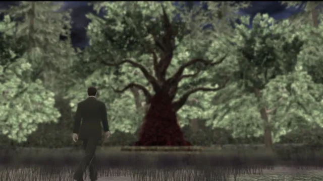 York walks at night toward a huge tree with a blood-red trunk in a dark forest