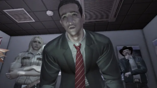 York leans toward the camera in the sheriff's office, a blonde deputy and a sheriff in a cowboy hat behind him