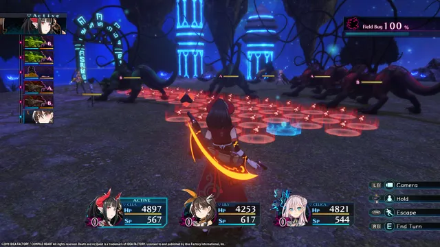 Death end re;Quest screenshot: a horned girl with a glowing scythe faces dark beasts across a field of red bug tiles in a turn-based battle