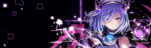 Death end re;Quest key art: Shina, a girl with lilac hair and a SHINA badge, amid glitching pink and white pixels