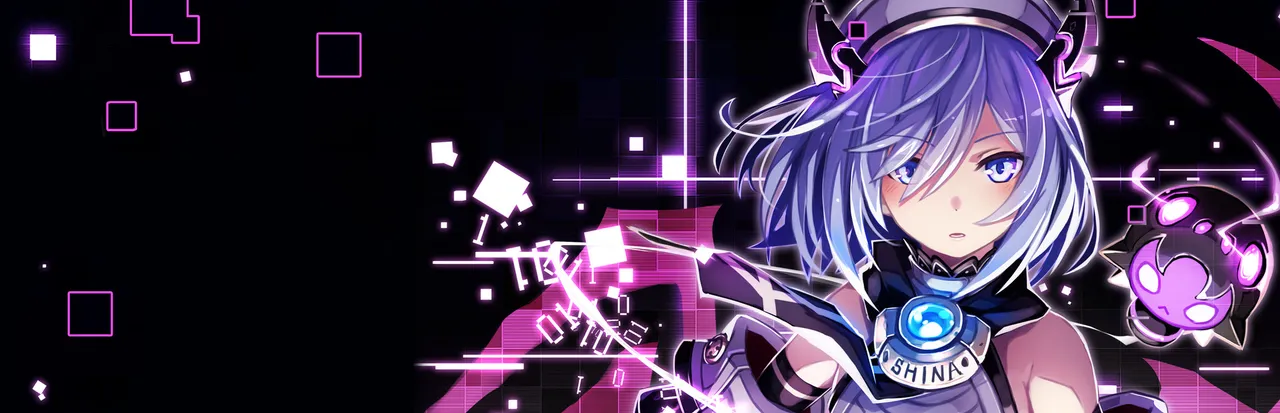 Death end re;Quest key art: Shina, a girl with lilac hair and a SHINA badge, amid glitching pink and white pixels
