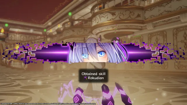 Death end re;Quest screenshot: Shina's eyes framed in a band of purple glitch as she obtains a skill in an ornate hall