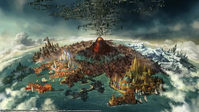 Death end re;Quest screenshot: the floating world of World's Odyssey with a volcano, castles and dark clouds