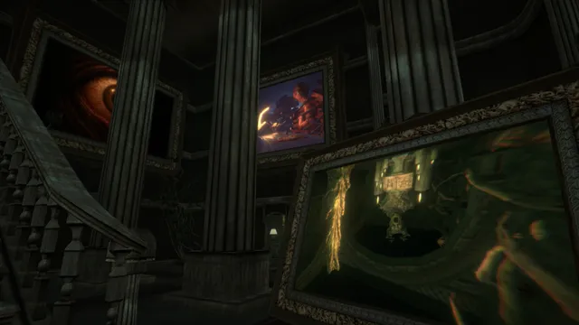 Death Frame screenshot: a dark mansion hall with columns and a staircase, hung with ornate framed paintings of a giant eye, a burning figure and a green twisted corridor
